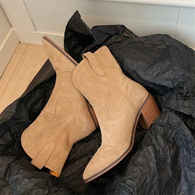 2023 Autumn/winter Women Boot Pointed Toe High Heels Cow Suede Western Boots for Women Handmade Knight Boots Zapatos Mujer