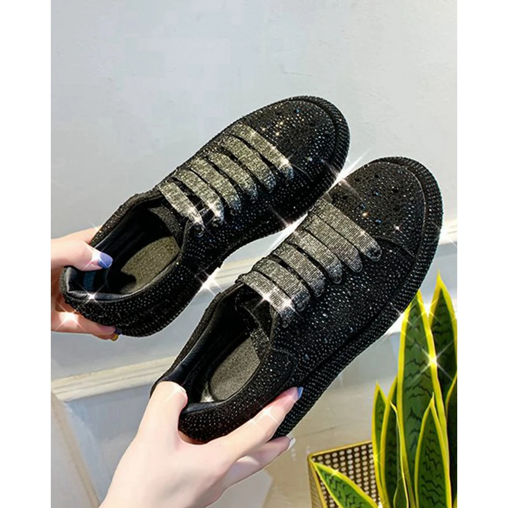 Women All Over Rhinestone Eyelet Lace-up Sneakers Spring Autumn Round Toe Platform Sports Casual Shoes Going Out Korean Style