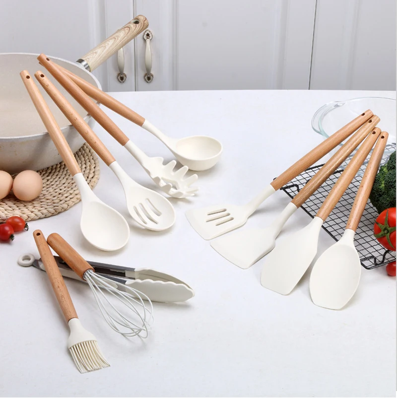 Silicone Kitchen Tools Wooden Handle Tongs Spatula Spoon Brush Whisk Kitchen Cooking Utensils Kitchen Gadgets Accessories