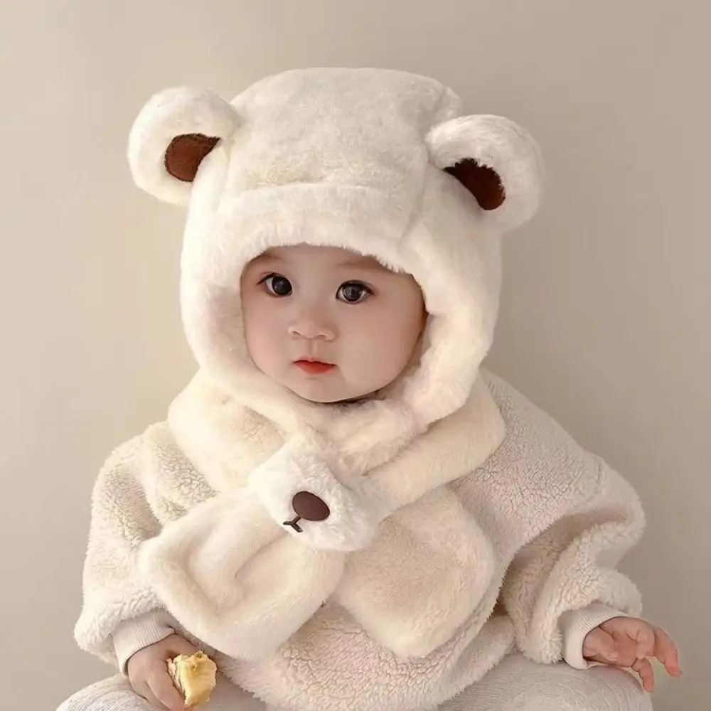 Cute One-Piece Winter Baby Hat Scarf Windproof Plush Kids Hat Hooded Scarf Neck Protection Thick Warm Infant Beanies Cap