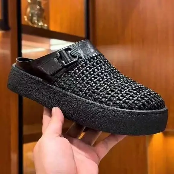 Slip-on Mules Loafers Half Slippers Black Summer Platform Open-back Flats Casual Shoes for Man Leather Backless Slides Sandals
