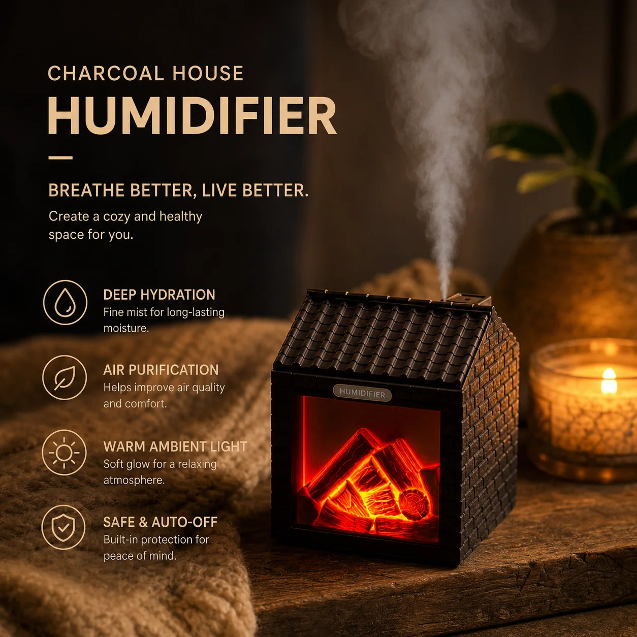 WWPPU Cross‑border Charcoal House Humidifier Desktop Ornament Ambient Light Large Mist Simulated Fireplace Portable