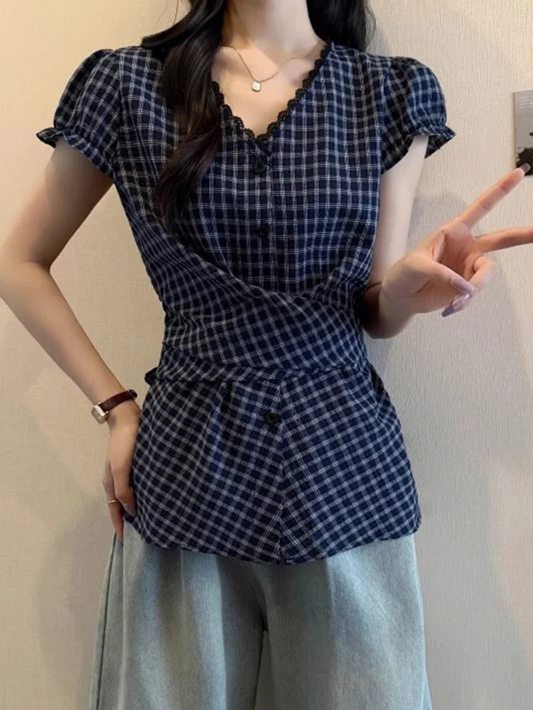 Zoki Plaid Vintage Blouse Women V Neck Slim Design Back Bandage Shirt Korean Retro Lace Patchwork Casual Summer Bow Sweet Tops
