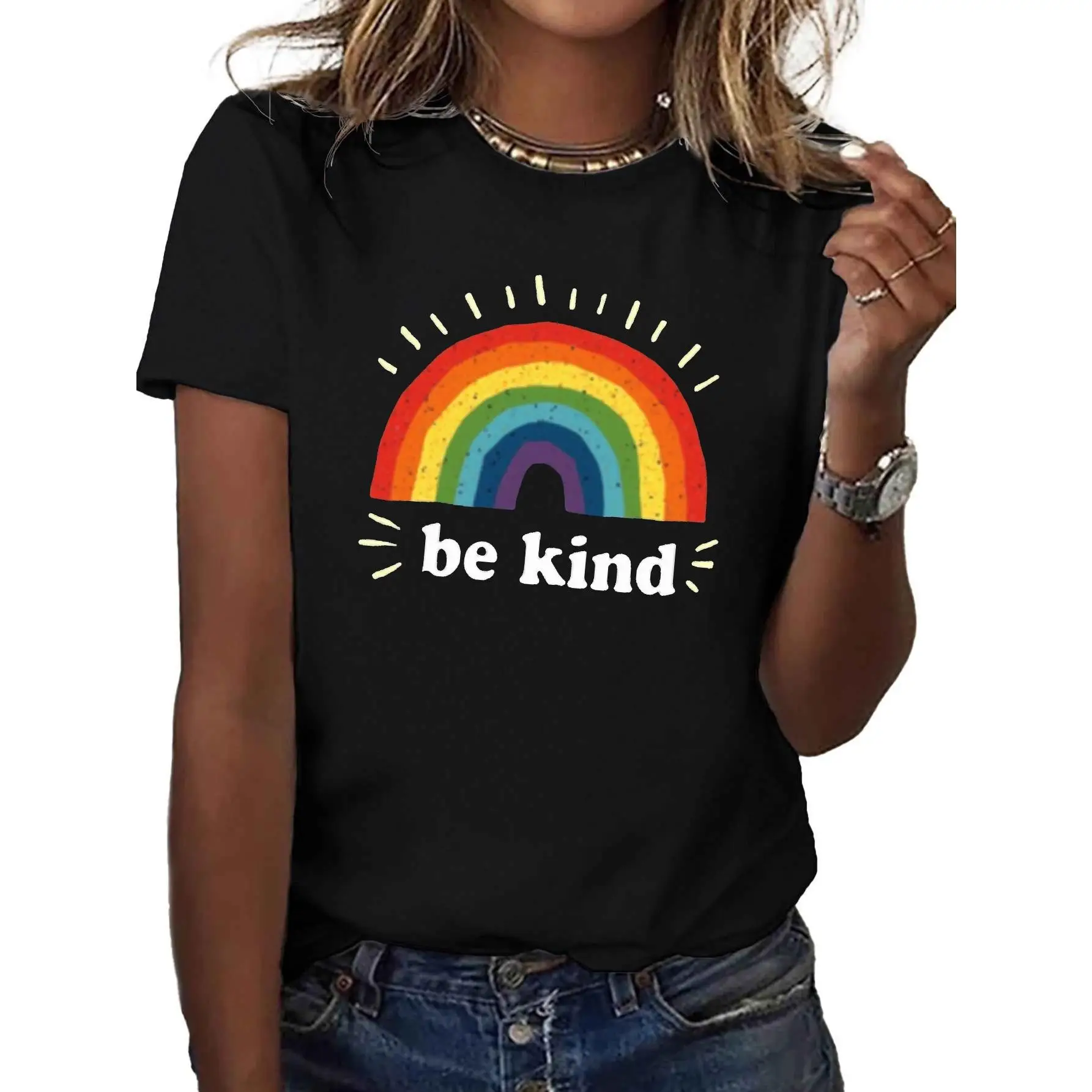 

Cartoon Rainbow Be Kind T Shirt Women Men Aesthetic Positive Message Graphic Tee Fun Kindness Quote Casual Streetwear Top