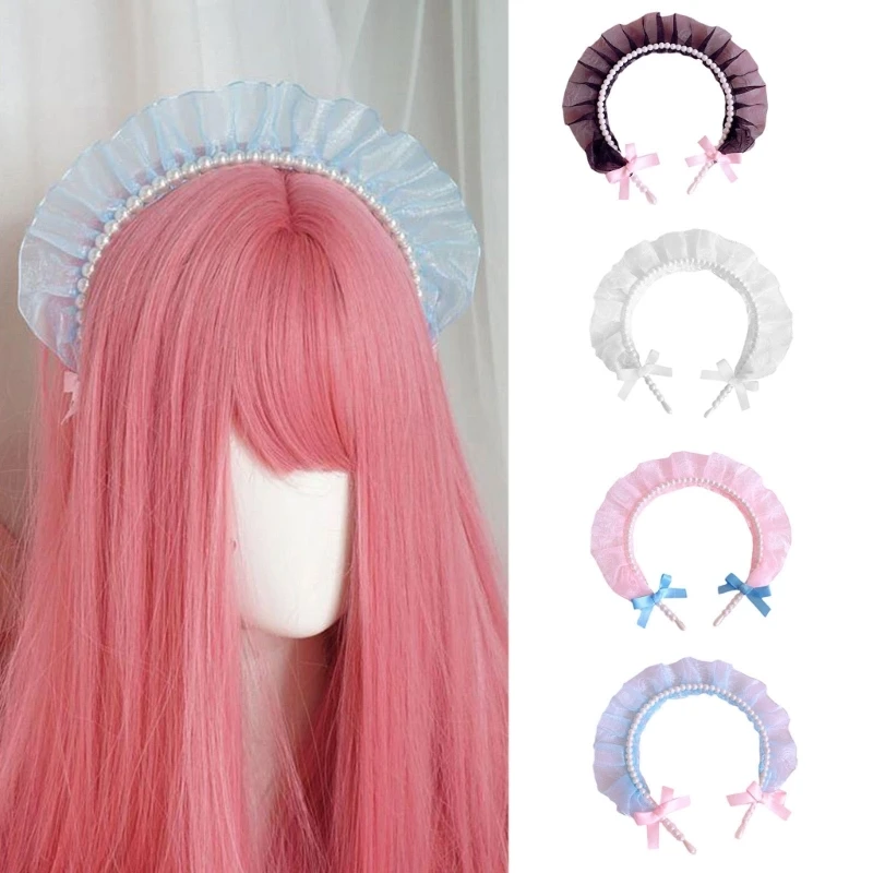 Lolita-Diadema de pelo de hilo plisado para mujer, decoración elegante de perlas, diadema de maquillaje de ala ancha, tocado de fiesta para sesión de fotos, accesorios de Cosplay de sirvienta