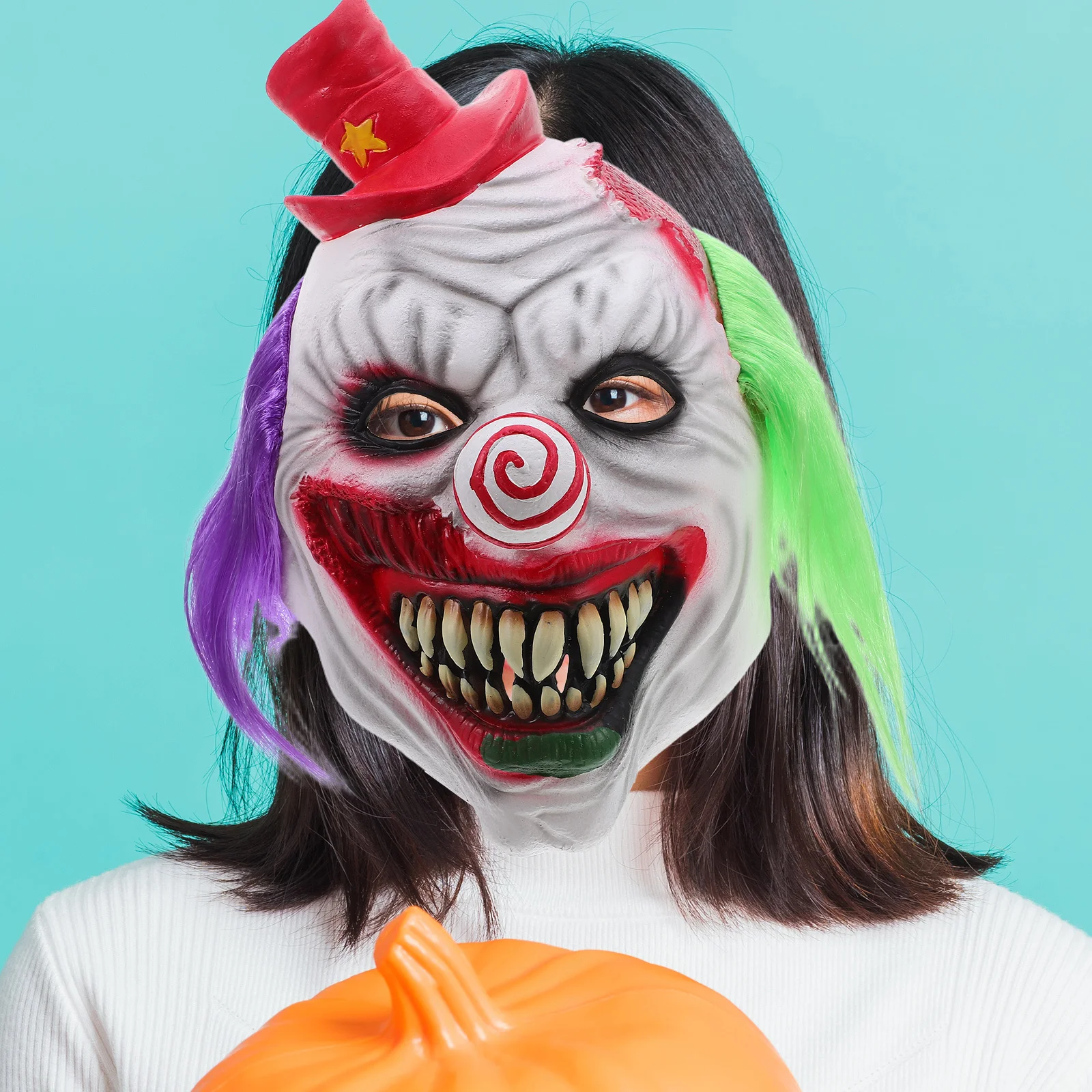 Realistische Horror-Clown-Maske für Erwachsene, lila, grünes Haar, Latex, gruselige Cosplay-Maske, Spukhaus, Halloween, Maskerade, Party-Zubehör