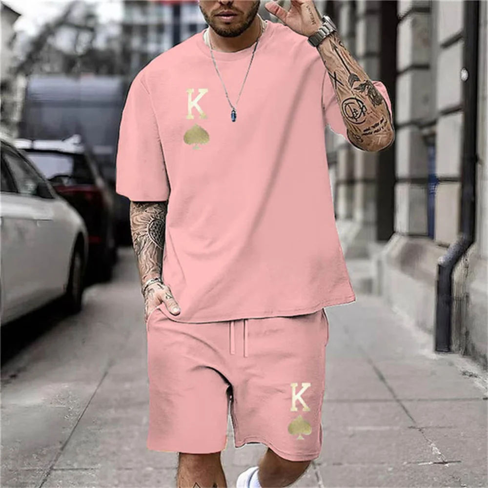3D Summer Chic Casual Everyday Wear Clothes Crown K Print Men\'s T-Shirt Short Set Two-Piece Fashion Short Sleeves Shorts For Men