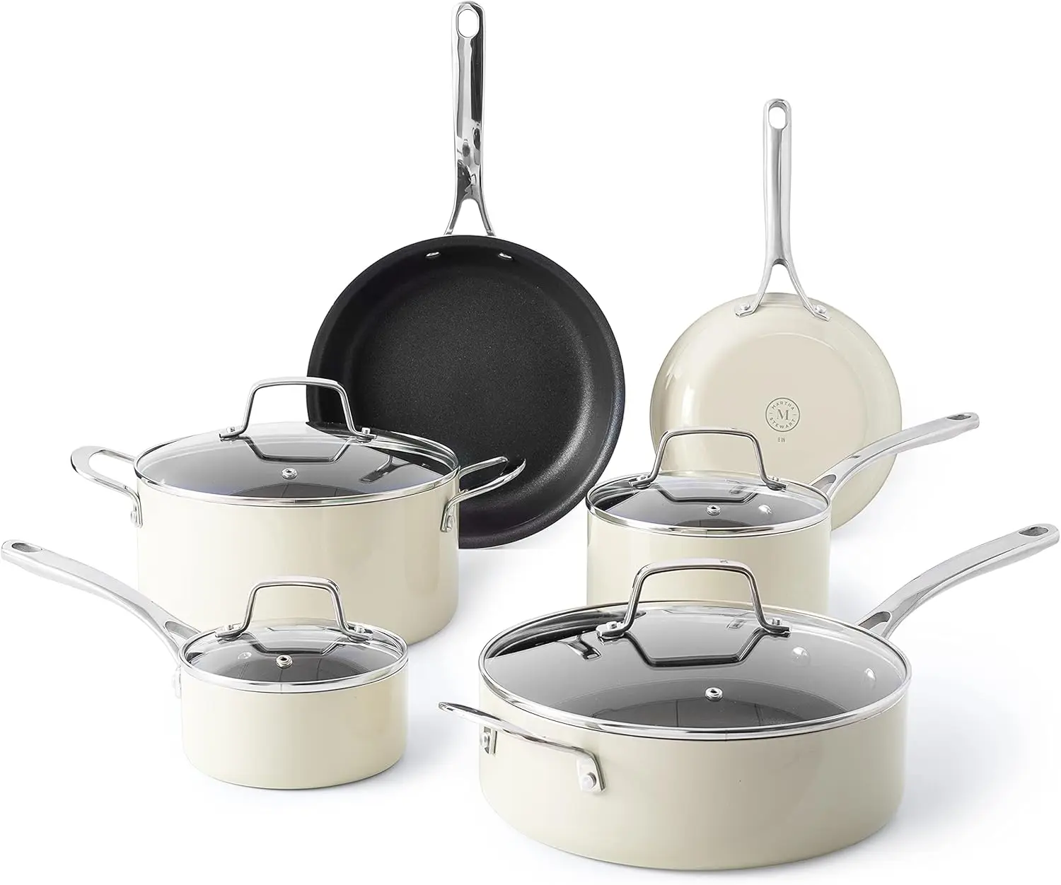 

Lockton Premium Nonstick 10 Piece Enamel Heavy Gauge Aluminum Pots and Pans Cookware Set - Linen White