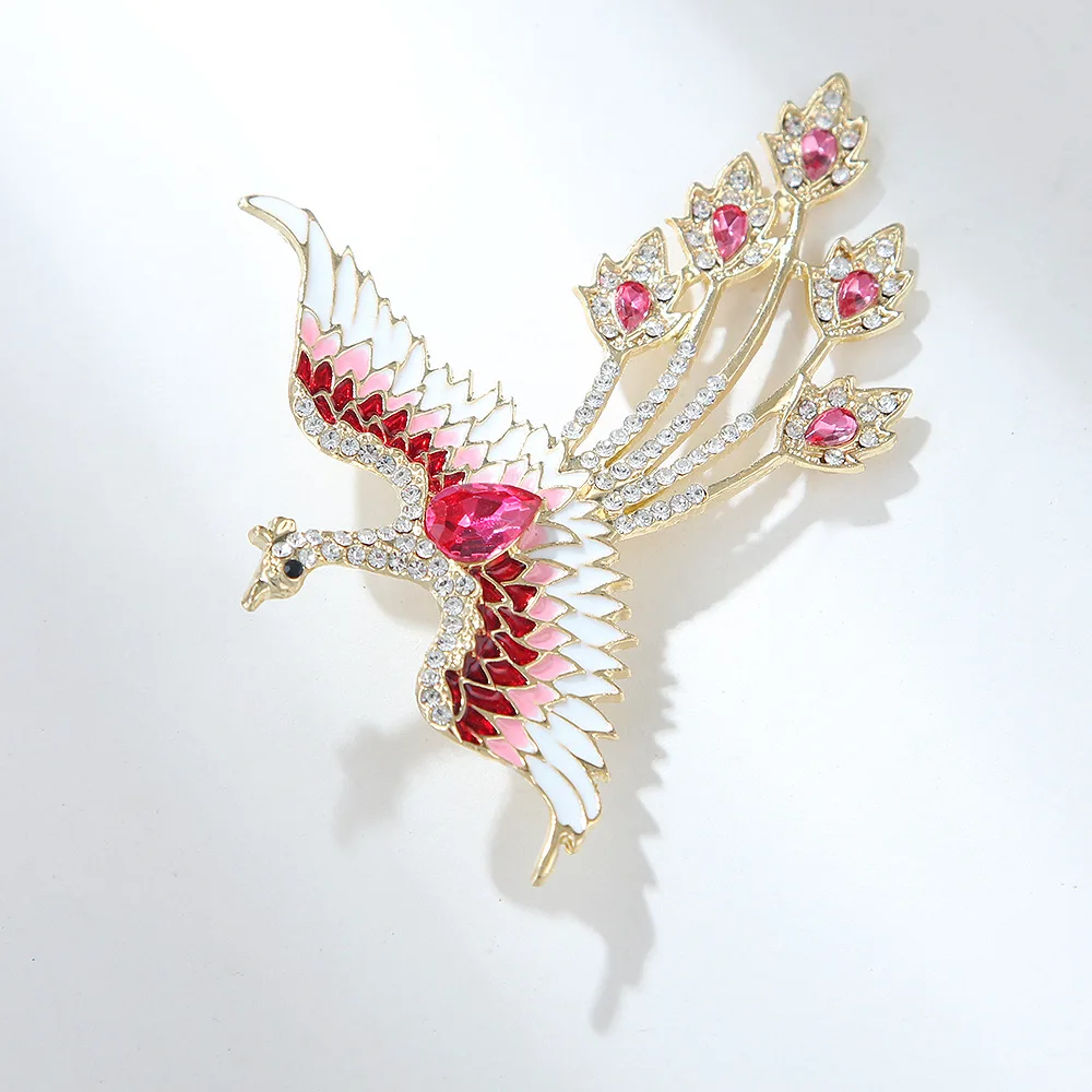 Nuevos broches de cola larga de fénix en esmalte rosa estilo chino para mujer, broche de circonita con diamantes de imitación de moda, regalo de joyería para fiesta u oficina