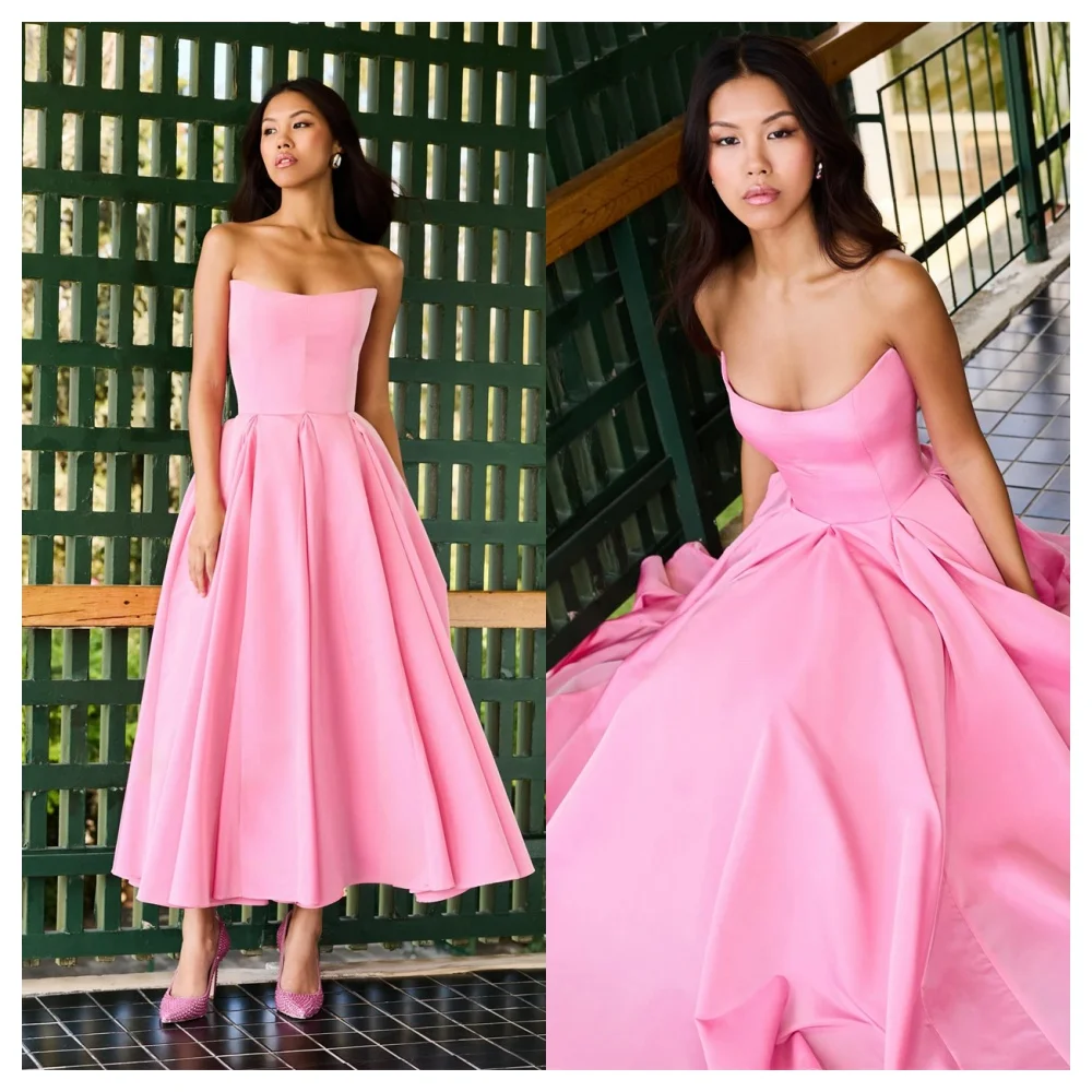 

Customized Formal Pink Jersey Evening Dress Temperament Strapless Sleeveless Party Dress Temperament Tea Length Celebrity Gowns