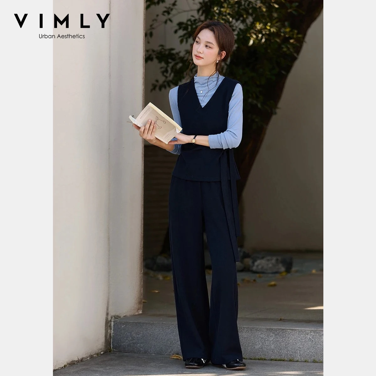 

VIMLY Pant Sets for Women 2025 Winter New Thick V Neck Vest Knit Top Wide Leg Pants Three Piece Suit for Women Clothes A3528