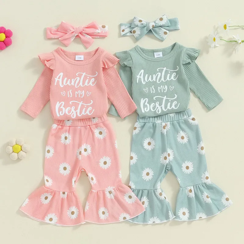 

Newborn Baby Girls Pant Sets Fall Clothes Letter Long Sleeves Bodysuit and Elastic Daisy Flared Pants Headband Set Baby Clothing