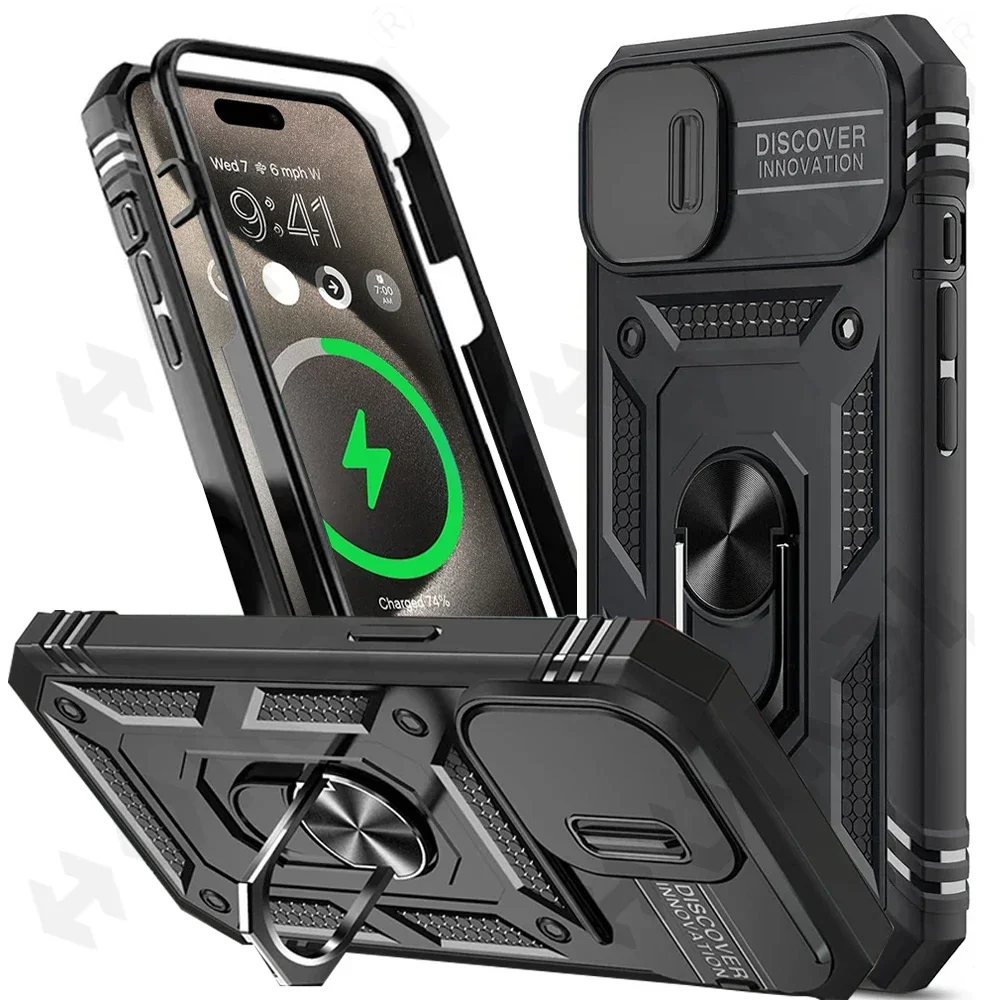 

Case For iPhone 15 14 13 12 11 Pro XS Max XR 8 7 Plus Camera Slide Military Grade Armor Protection 360 Degree Rotate Armor Cover