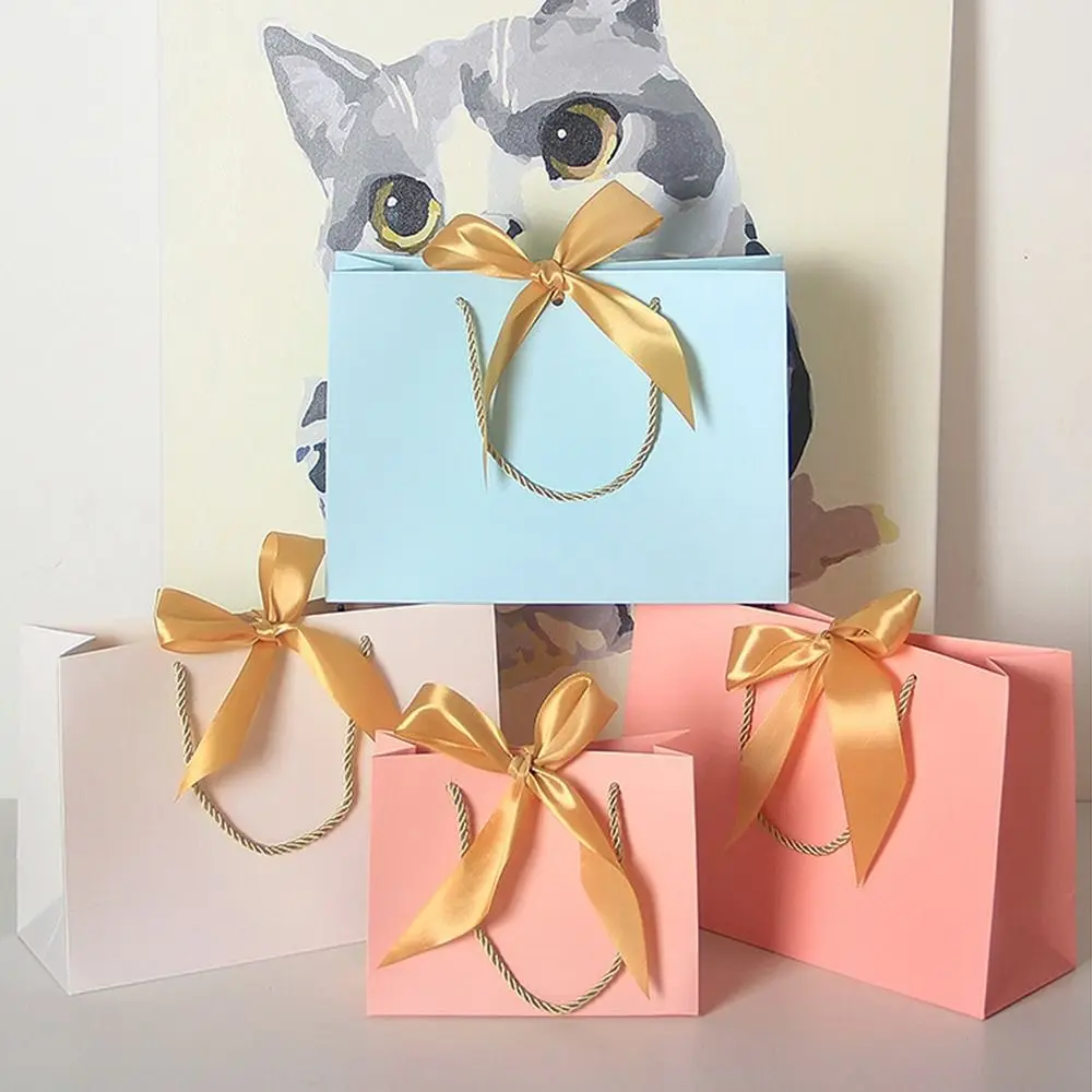 10Pcs Bow Ribbon Gift Paper Bag Portable Multi Color Clothing Handle Bag Convenient Reusable Wedding Gift Bag Graduation