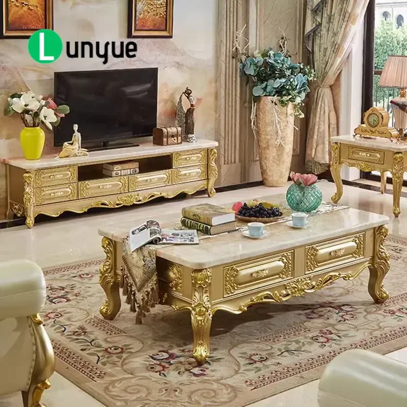 European Style Solid Wood Frame Square TV Cabinet Durable Golden French Design Furniture for Small Apartment Living Room