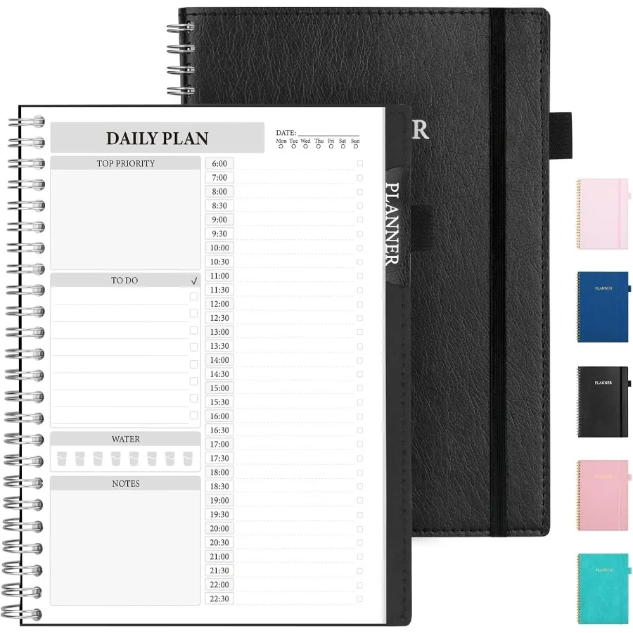 

Durable Daily Planner Undated A5 5.8"x8.3" Improved PU Leather To Do List Notebook With Hourly Schedule Luxurious Spiral Work P