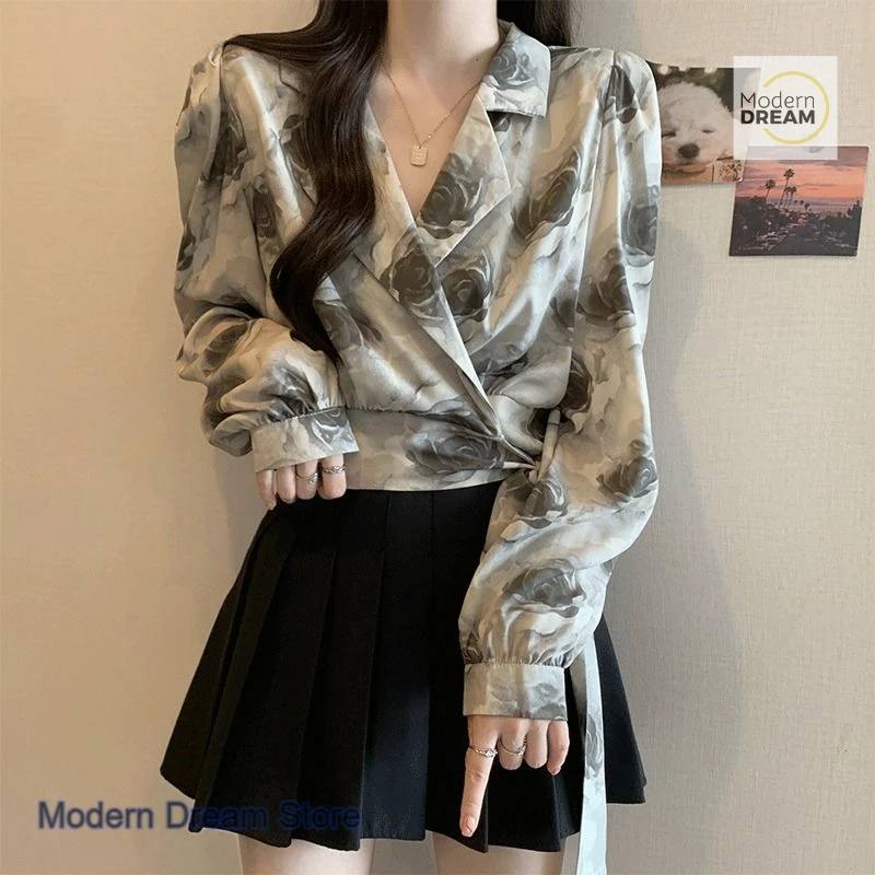 

French suit collar strap waist floral shirt women's spring and autumn plus size fashion retro light cooked temperament slim top