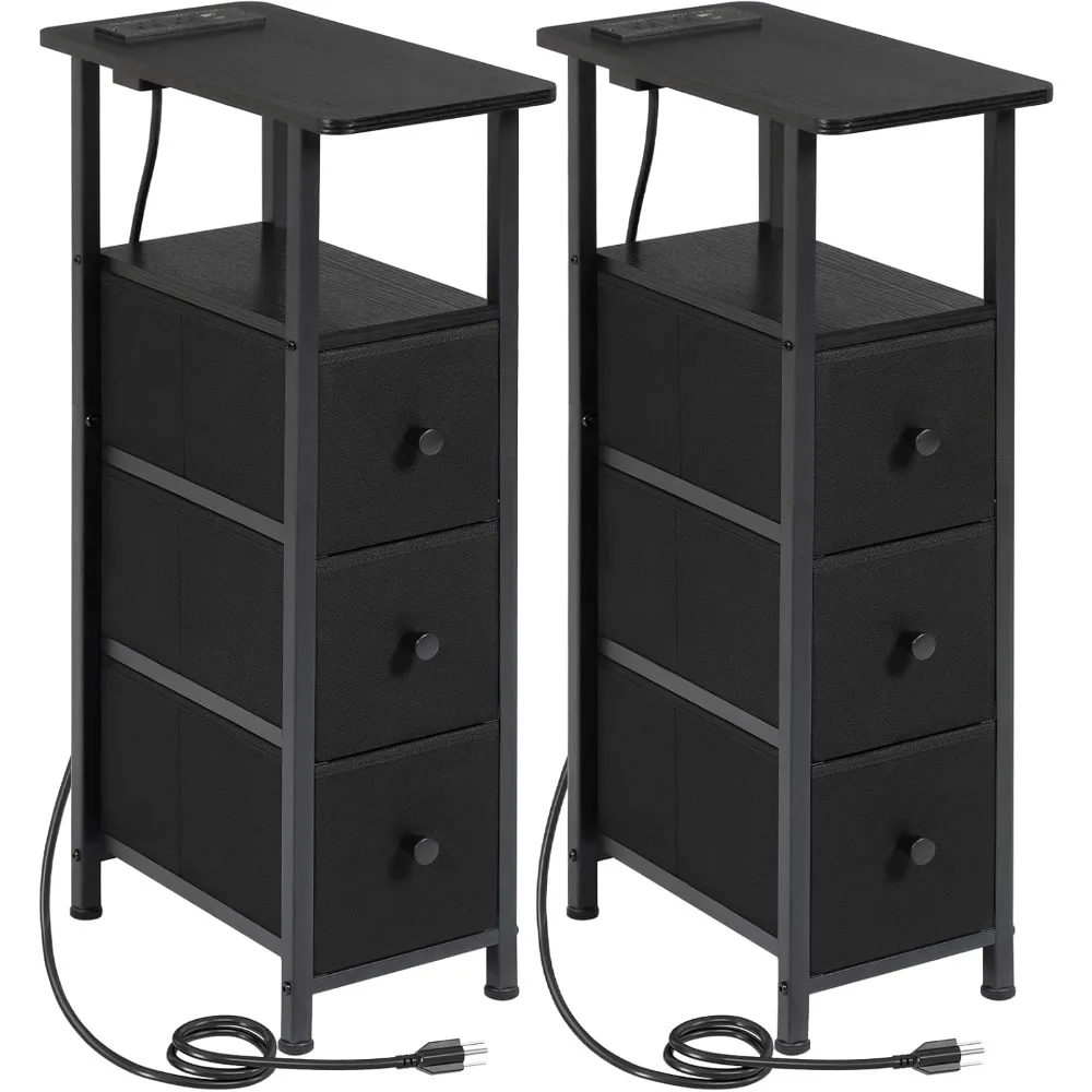 

Narrow End Tables Living Room Set of 2 with Charging Station, Skinny Side Table with Fabric Drawers, Slim Nightstand for Bedroom