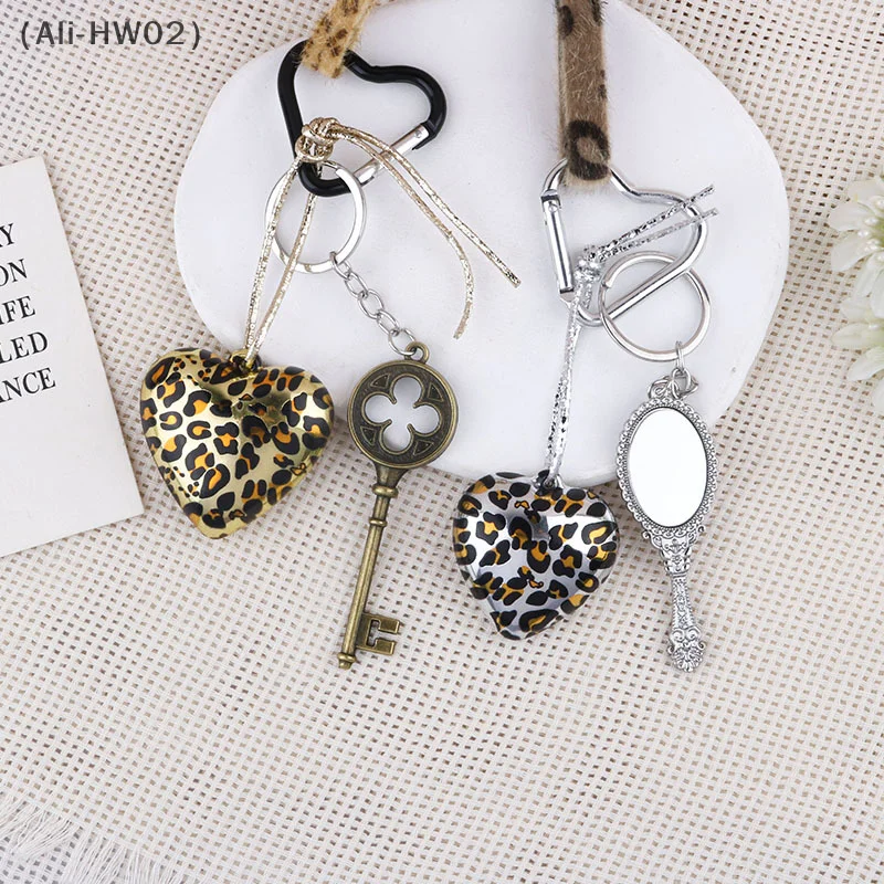 American Retro Leopard Resin Love Heart Webbing Key Makeup Mirror Personalized Pendant Keychain Bag Charm