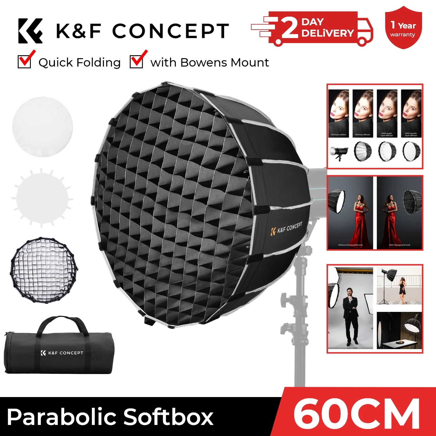 

K&F CONCEPT 23.6"/60cm Softbox Parabolic Hexadecagon Bowens Mount with Bag Honeycomb Grid Light Diffusers for Photography Studio