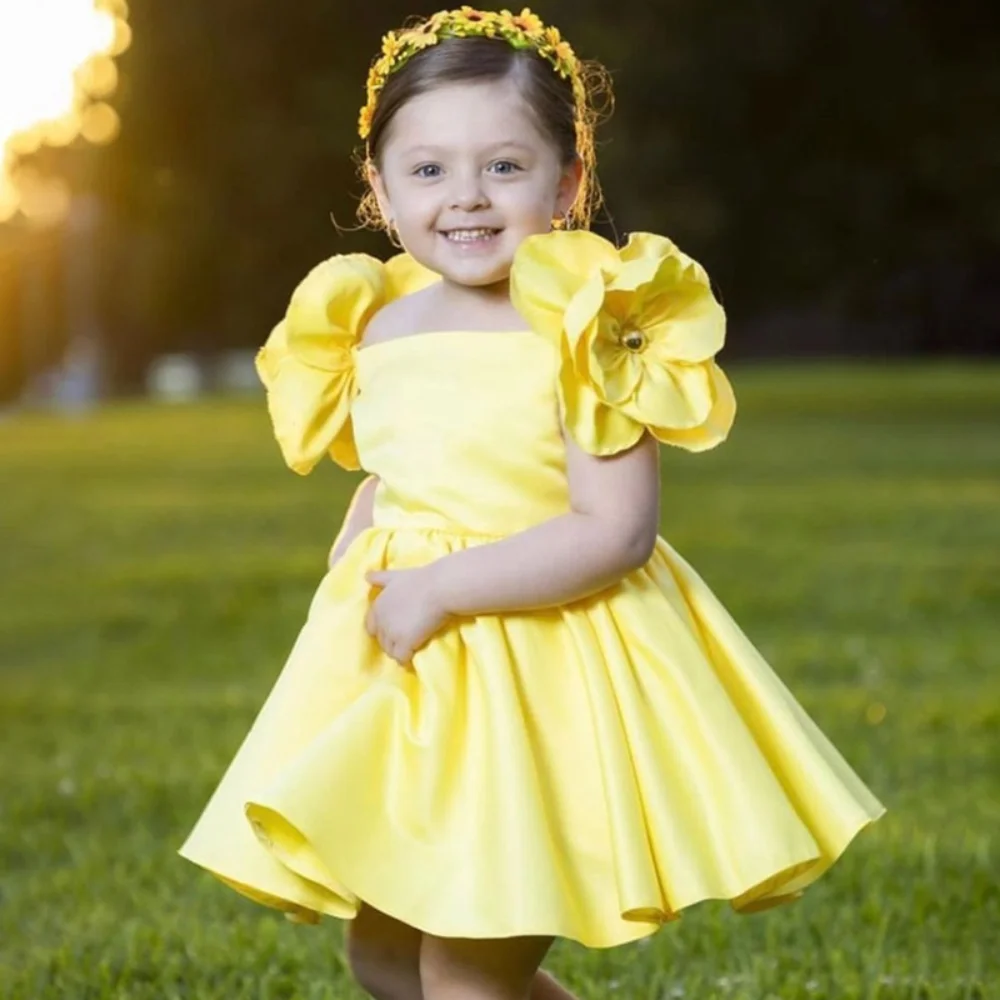 Bear Leader Girl\'s Yellow Flower Princess Dress Birthday Party Ball One Neck Collar Pleated Dresses Summer Gown for Kids