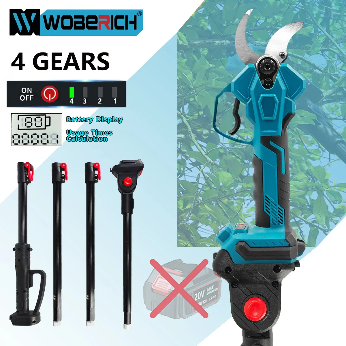 

WOBERICH Extension Pole Brushless Cordless Electric scissors Efficient Fruit Tree Bonsai Pruning Branche Cutter(No battery)