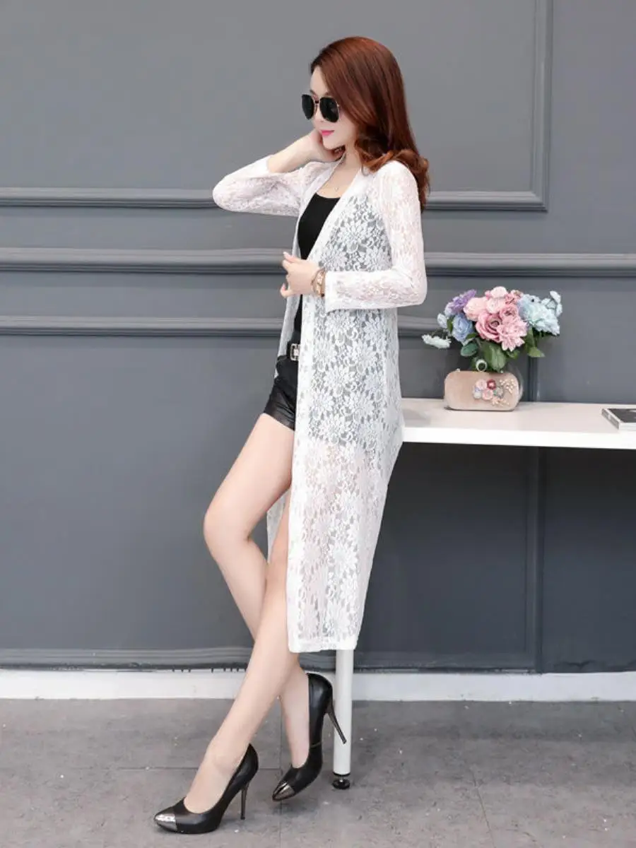 

Лето-Осенний длинный кружевной открытый кардиган све, тонкая верхняя одежда длиной миди, верхняя одежда больших размеров с юбкой, вязаная солнцезащитная одежда...