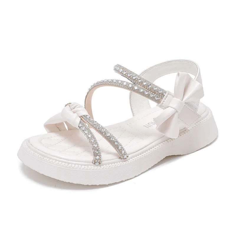 Children\'s Summer Sandals Big Girls Cute Princess Shoes Fashion Rhinestone Sandals Open-toe Bowknot Toddlers Soft Beach Shoes