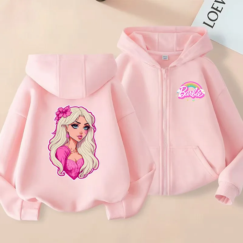 Kids Autumn Winter Zip Up Hoodie Barbie Come On Let's Go Party Graphic Sweatshirt for Boys Girls Casual Soft Pullover Tops