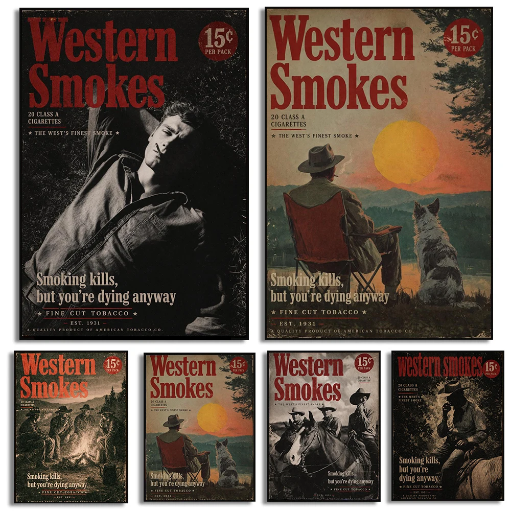 Affiche Cowboy Rétro, Impressions Publicitaires Vintage de Cigarettes, Peinture sur Toile, Art Mural Rétro sur le Thème du Tabagisme, Décoration pour la Maison et le Salon