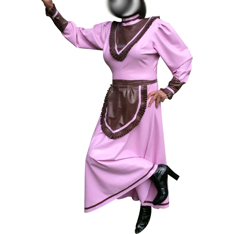 

Pink And Brown Sexy French Maid Latex Dresses With Apron Ankle Length Back Zipper Long Rubber Lolita Outfit Uniform Playsuit 365