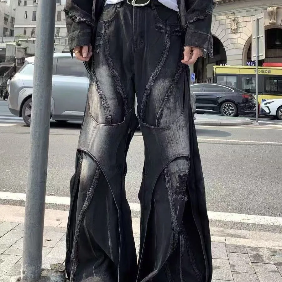 

Американские ретро-джинсы-клеш с необработанным краем и вставками ​ ​ Джинсы Y2K свободного кроя, черные, с ручной росписью, широкие брюки-сабоны