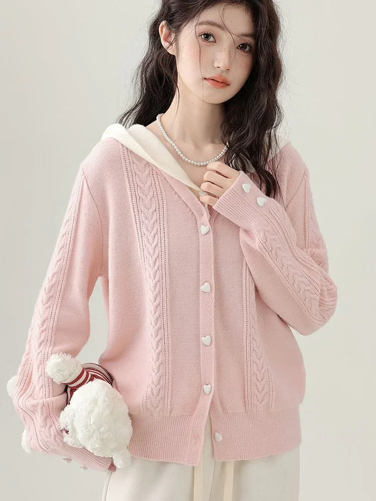 

Розовый милый милый кардиган женский корейский шикарный лоскутный вязаный свитер с длинными рукавами и капюшоном ленивый ветер модные топы в консервативном стиле новые