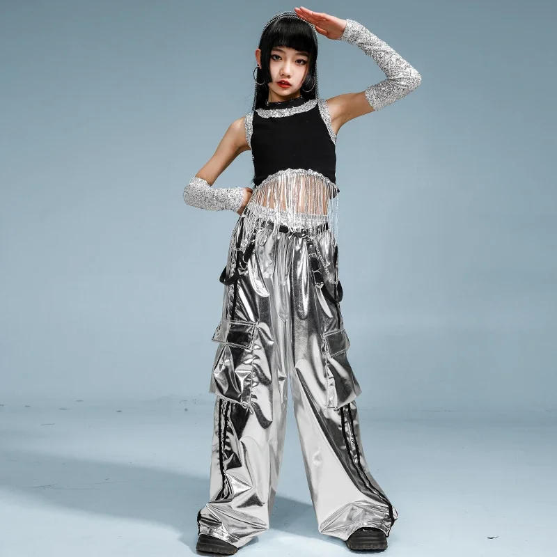 Hip Hop Mädchen Pailletten Quasten Silber Shorts Street Dance Hosen Kinder K-pop Streetwear Kinder Jazz Crop Top Kleidung Set kostüm