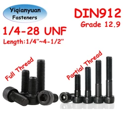 Yiqianyuan Grade 12.9 UNF 1/4-28 Alloy Steel Hex Socket Knurled Cap Head Bolts Allen Screws Black 1/4'' to 4-1/2'' DIN912