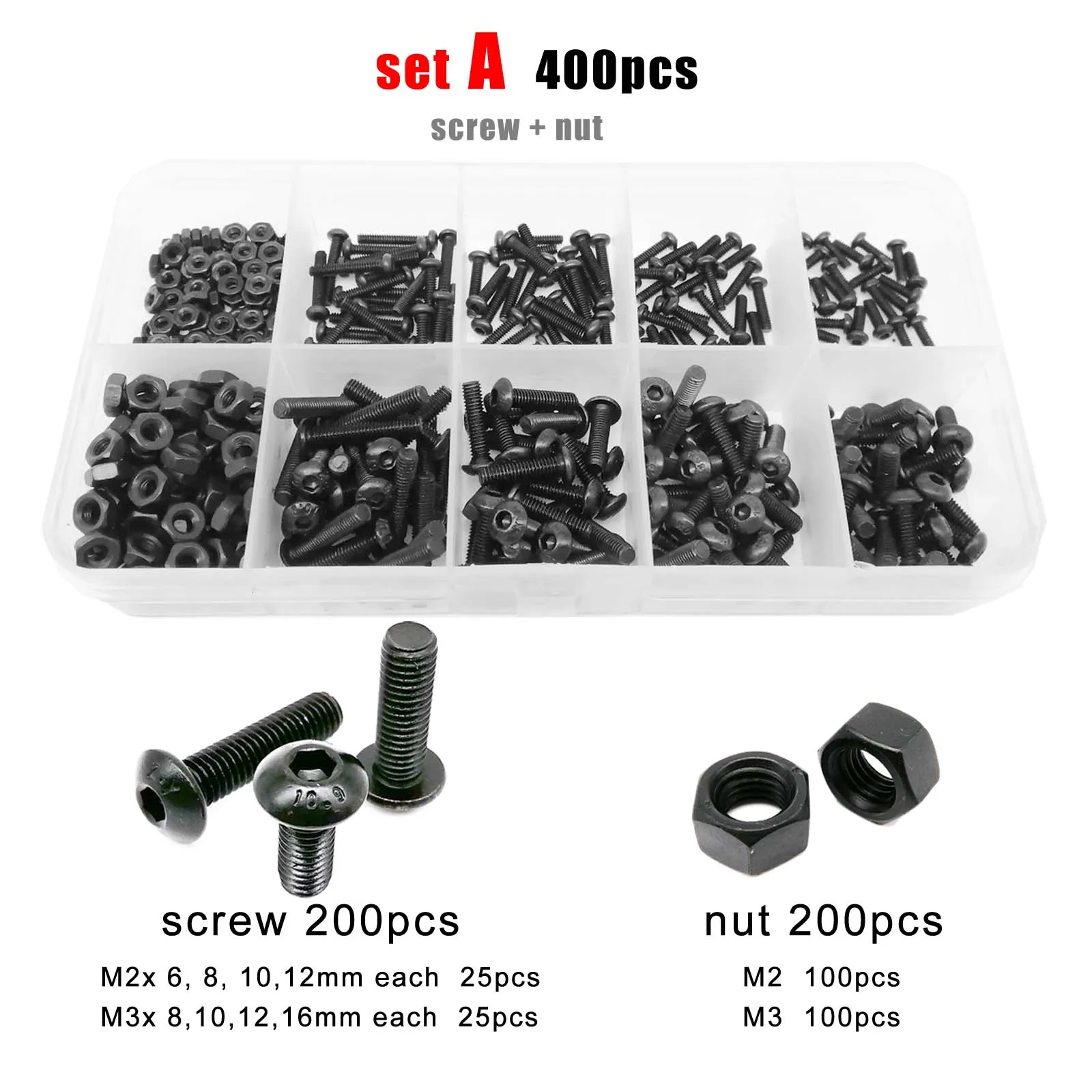 400/2100pcs M1.6 M2 M2.5 M3 M4 M5 Black Grade 10.9 Steel Hex Hexagon Socket Button Round Head Screw Bolt Nut Washer Set Kit Box