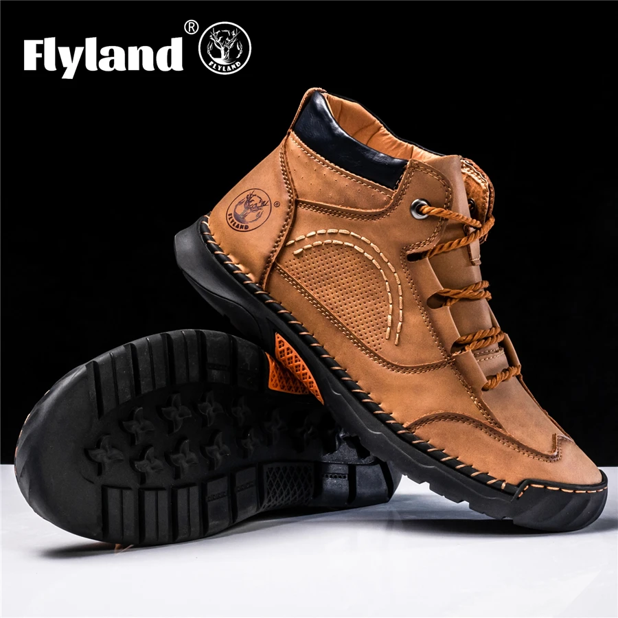 FLYLAND Men\'s Classical Vintage Soft Skin-friendly Feeling Frosted Genuine Leather Business Ankle Boots Handmade Casual Boots