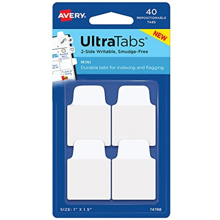 

Mini Ultra Tabs, 1" x 1.5", 2-Side Writable, White, 40 Repositionable Tabs 74788