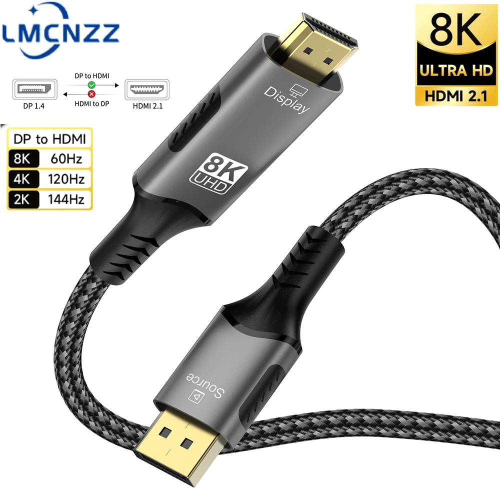 8K@60Hz DP1.4 to HDMI 2.1 Converter 4K@120Hz Ultra Speed 48Gbps Compatible Cable For Desktop Laptop PC TV Monitor Projector