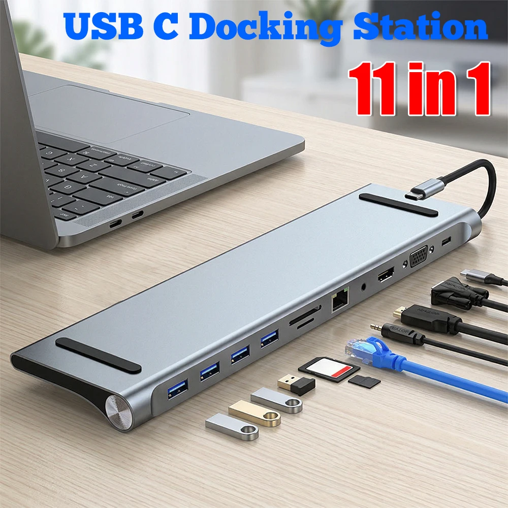 

USB-хаб 11-в-1 с тройным дисплеем, поддержкой 4K HDMI, VGA, Ethernet и USB-C для MacBook Pro/Air, Dell, HP, Surface, Lenovo, ASUS