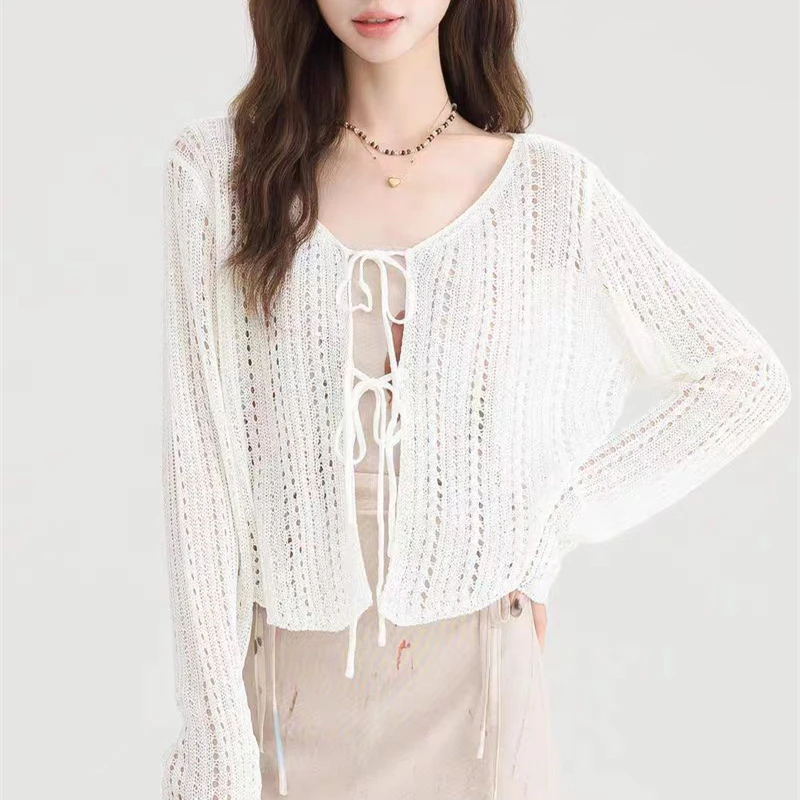 Hollow Thin Knitted Cardigan Women Summer Sheer Sunscreen Clothes Top