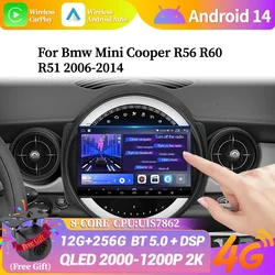 Android 14 For BMW Mini Cooper R56 R60 R51 2006-2014 Car Radio Multimedia Navigation 4G Wireless Bluetooth Carplay Screen Stereo