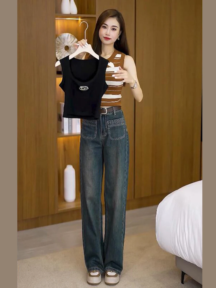 Pantalones Vaqueros Retro de Mezclilla, Cintura Alta, Pierna Recta, Largos hasta el Suelo, Casuales, a la Moda, para Mujer, Diseño Nuevo de Otoño, con Cinturón