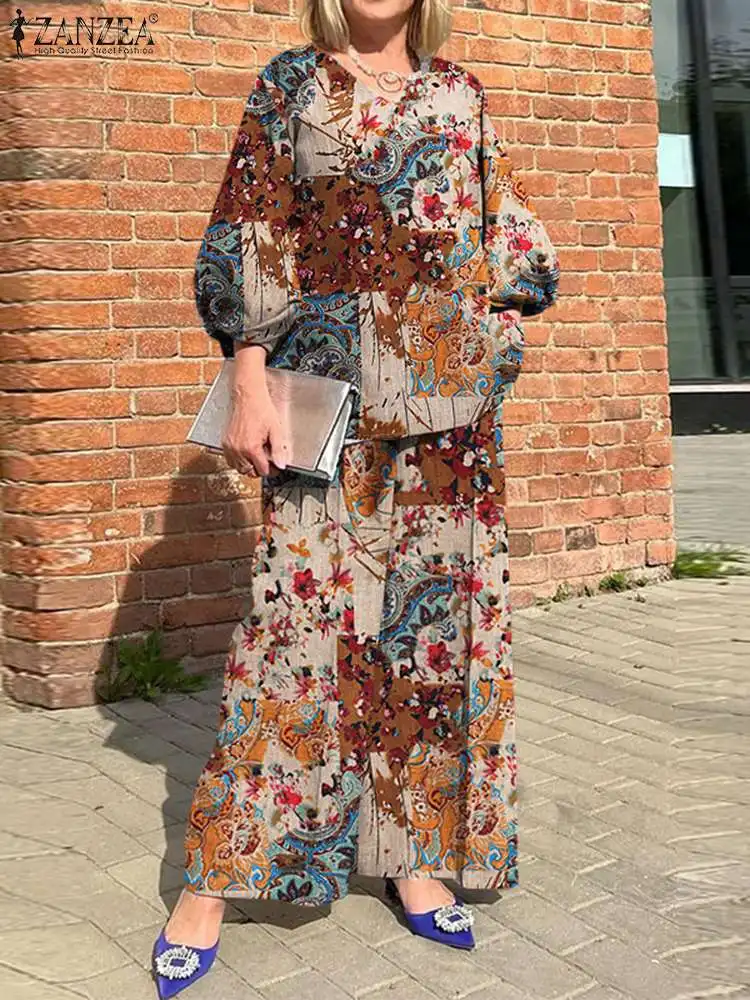 2024 Damskie dopasowane zestawy wakacyjne ZANZEA Bohemian Printed 2pcs Suits Casual 3/4 Sleeve Tops Tracksuit Autumn Wide Leg Pant Sets