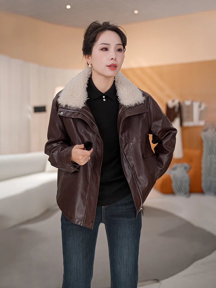 

Kena Motorcycle Sle Fce Lined ort down Jaet Women's Autumn Winter Design Sense Fur Collar Turn down Collar Coat