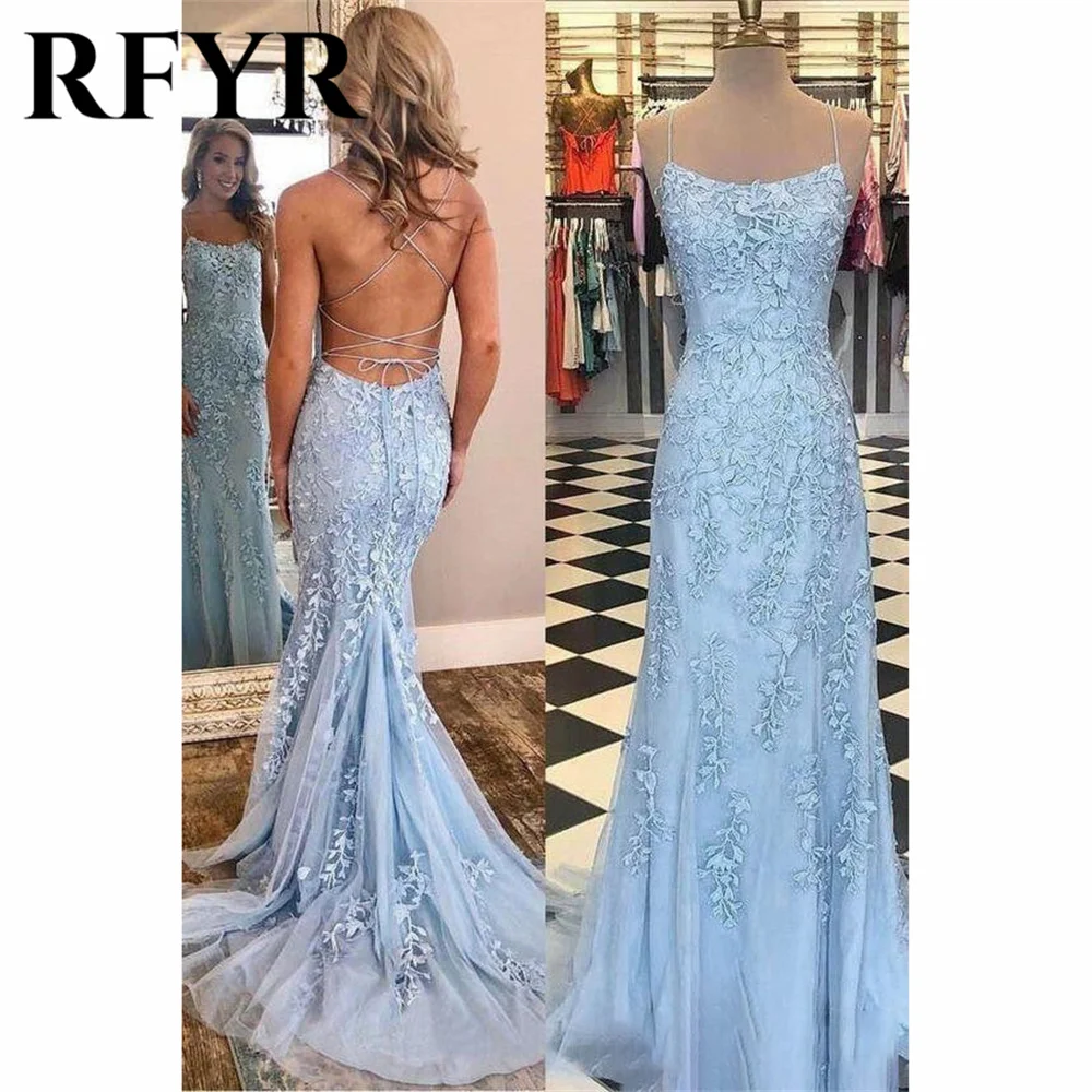 RFYR Lace Blue Prom Dress O-Neck Trumpet Ruffles Evening Dress Layered Tulle فستان سهرة with Sheer Corset Backless Party Dress