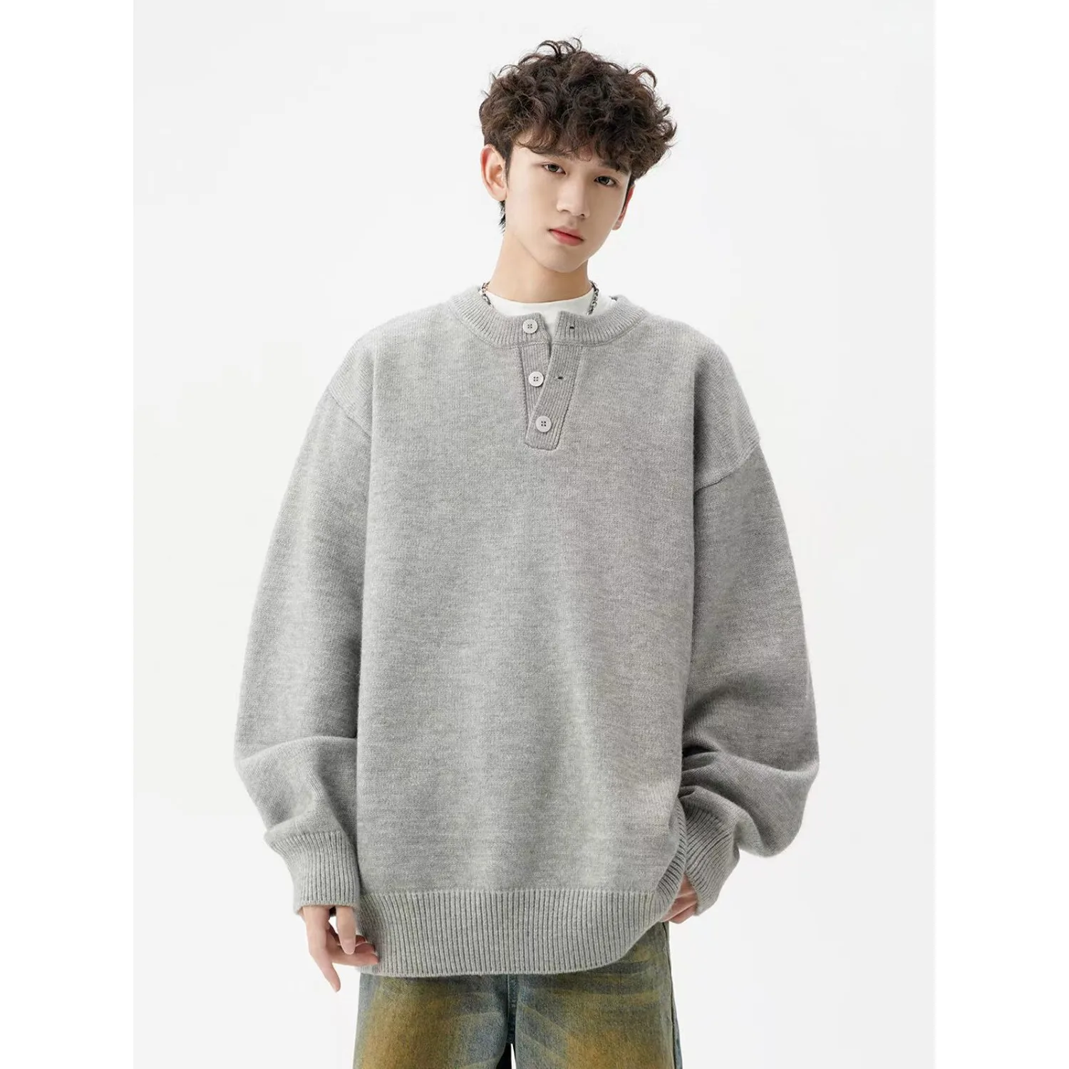 

American Sle Henry Collar Sweater Men's Warm Lazy Sle Outerwear Knitted irt Autumn Winter Trendy Brand Cleanfit High-En...