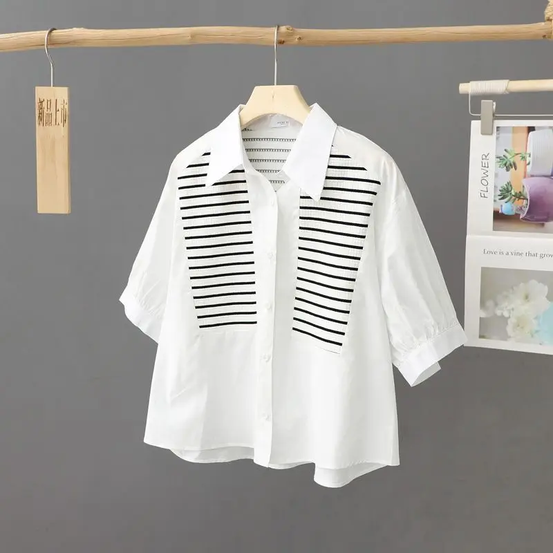 

Korean 2024 Summer Commute Women's Blouses Patchwork Polo-Neck Striped Button Young Style Casual Loose Short Sleeve Shirts Tops