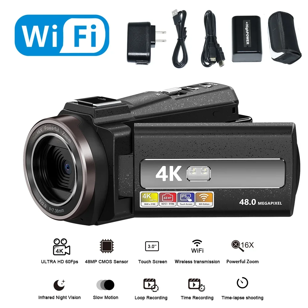 

Digital WIFI Camcorder 4K Full HD 16MP DV Camcorder Digital Video Camera 270 Degree Rotation Screen 16X Night Shoot Zoom