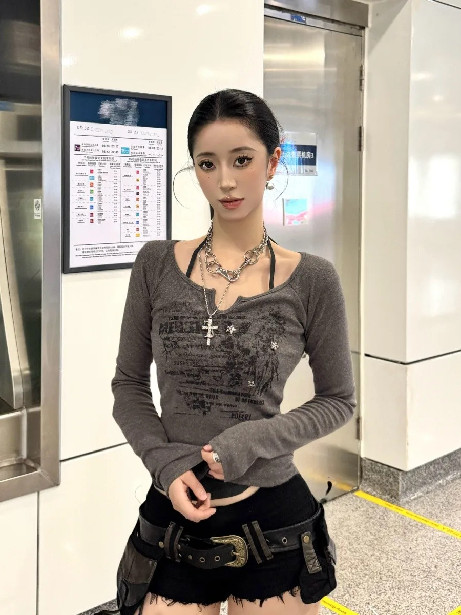 

Sexy American Girl Long Sve T-irt Ne Hanging Belted Women's Slimming Versatile Early Autumn New Sle Print Casual Top